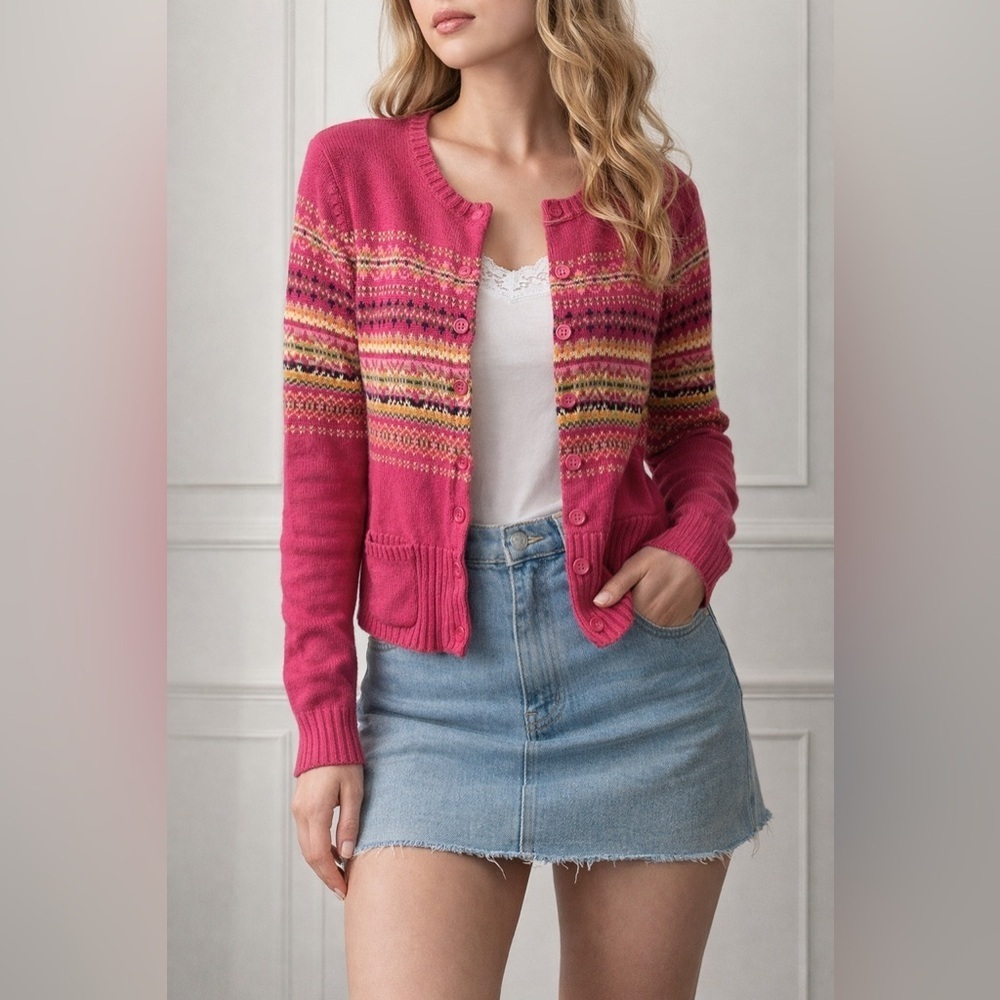 Vintage Y2K Pink Fair Isle Cardigan Petite Medium Cottagecore Knit Sweater